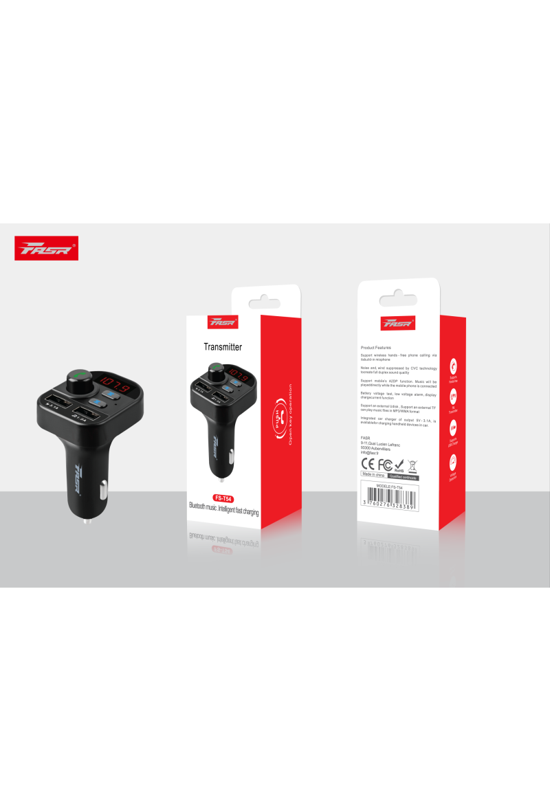 Transmetteur FM/MP3 Bluetooth Fasr T54 avec 2 ports USB