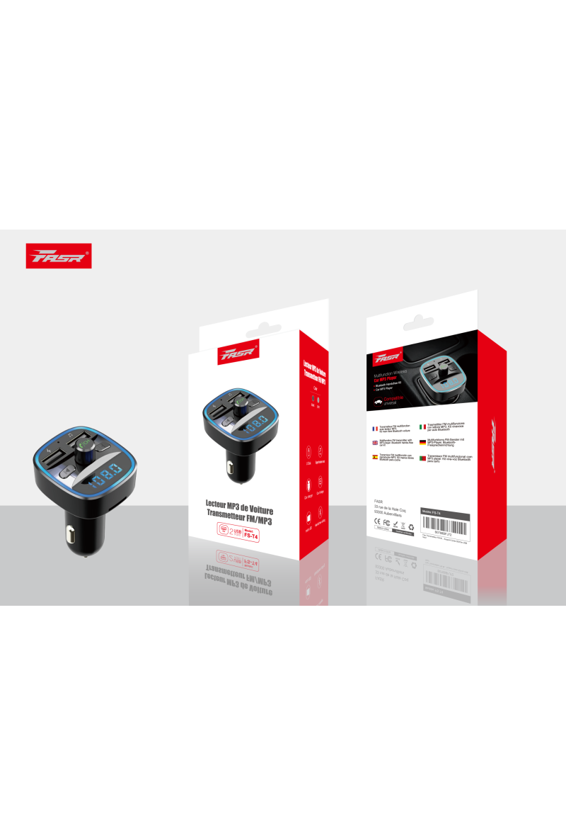 Transmetteur FM/MP3 Bluetooth FASR T4 pour voiture avec 2 ports USB et carte micro SD