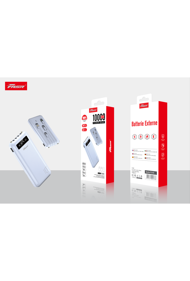 batterie externe 10000 mAh avec 4 Câbles intégrés Micro, Type-C, Lightning et USB FASR FS-B5