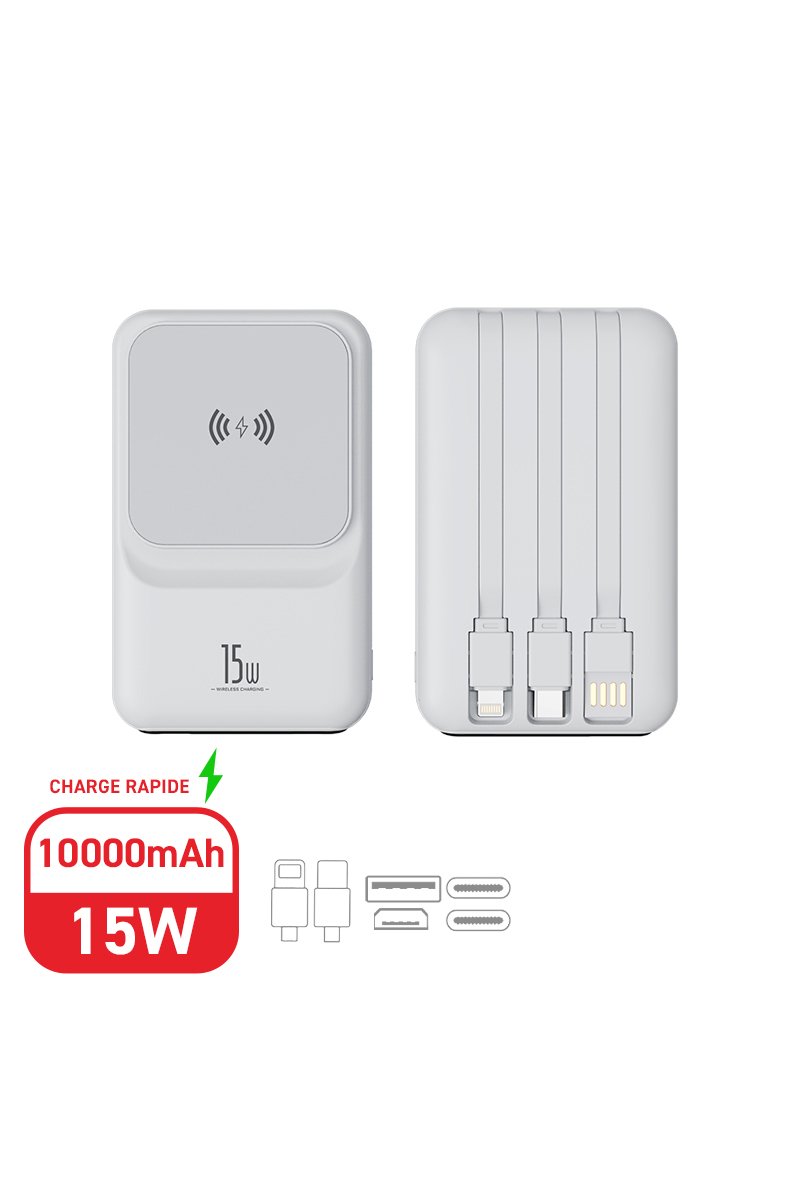 Batterie Externe Magsafe, 10000mAh, 15W avec charge rapide, 3 câbles intégrés
