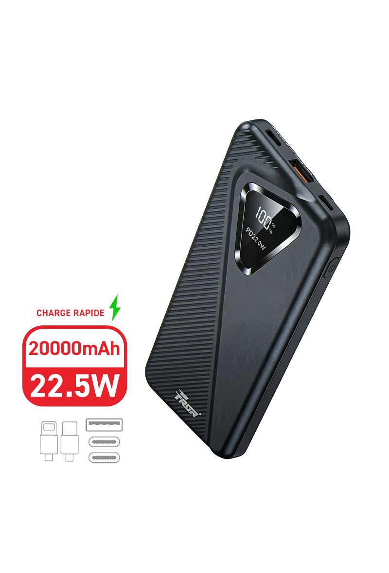 Batterie Externe 20000mAh, 22.5W avec charge rapide, 3 câbles intégrés