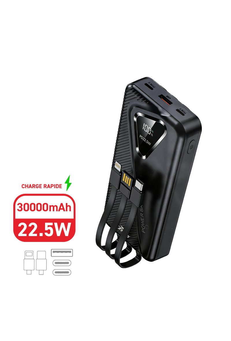 Batterie Externe 30000mAh, 22.5W avec charge rapide,  3 câbles intégrés