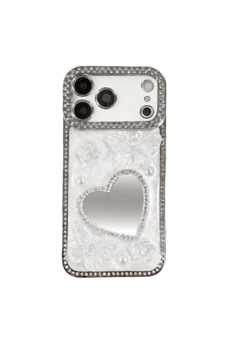 Coque miroir cœur avec perles et fleurs
