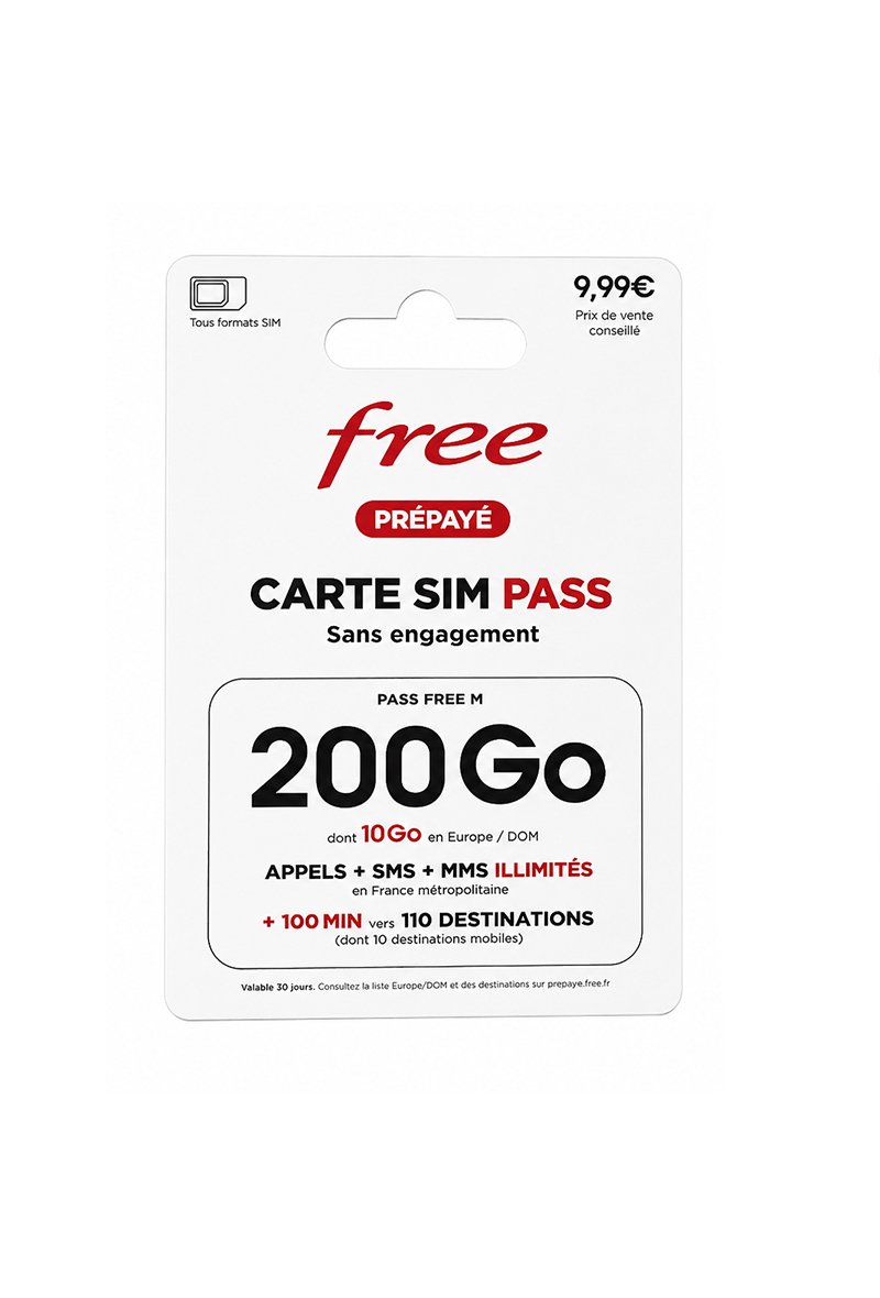 Carte SIM Prépayée Free Appel + SMS + MMS Illimité 200Go Internet Sans Engagement
