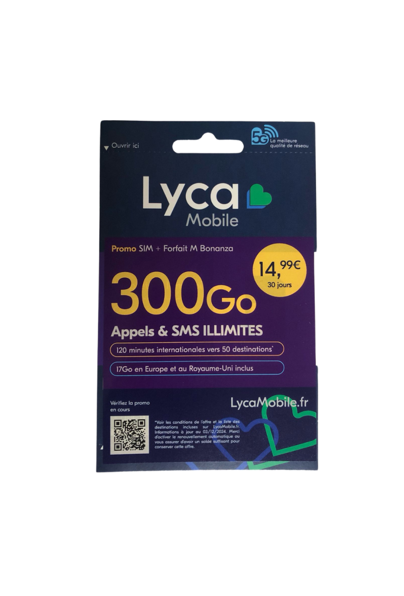Carte SIM Prépayée Lyca mobile illimité +300 GO d’Internet Sans Abonnement