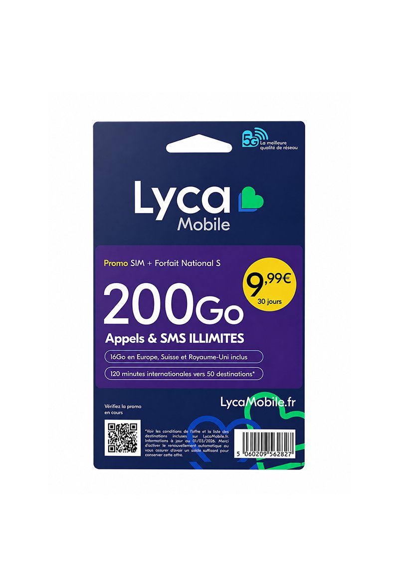 Carte SIM Prépayée Lyca mobile illimité +200 GO d’internet en France